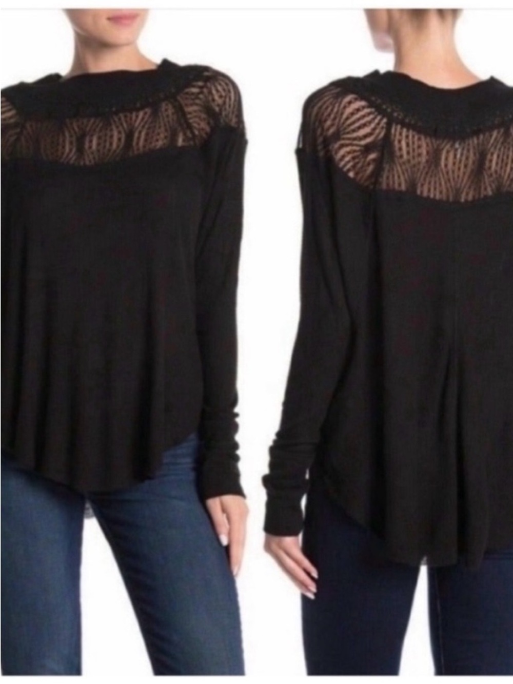 Free People thermal shirt black lace waffle knit oversized dolman sleeves